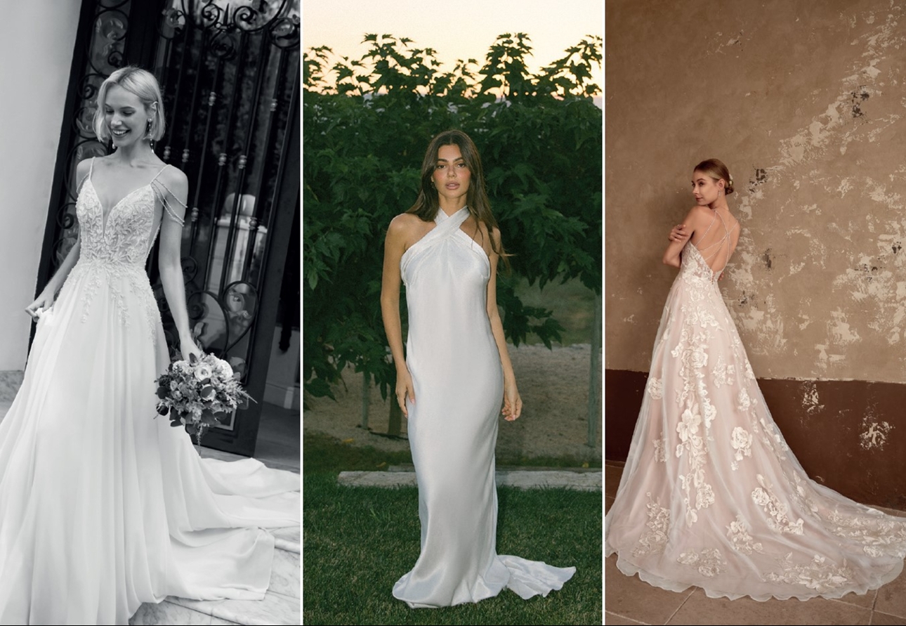 three women in dresses from different fashion designers with different straps