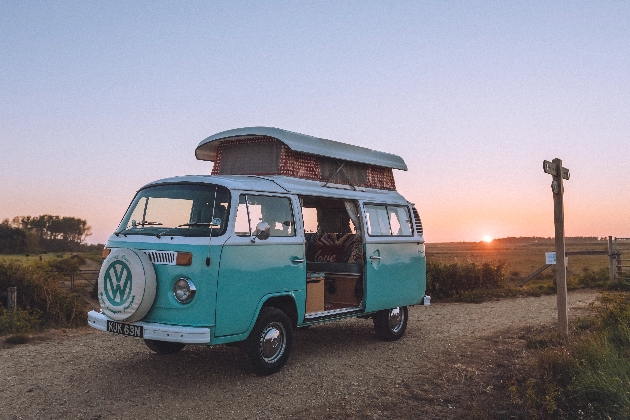 A blue VW Campervan