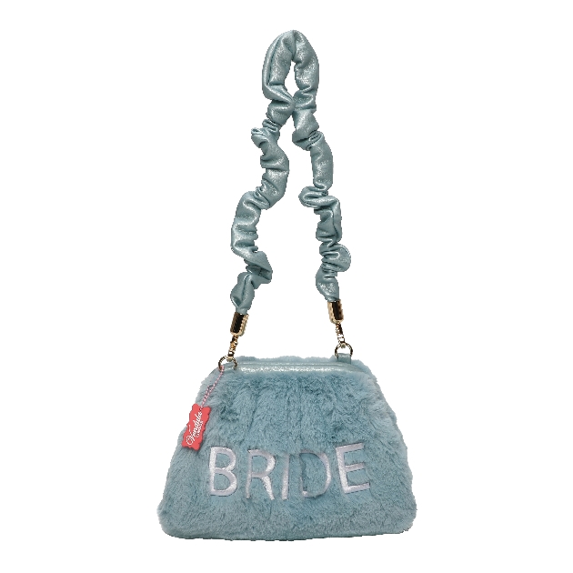 blue fluffy bag with bride on it